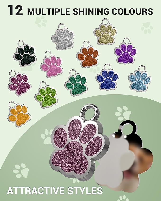 72 Pcs Dog Tags Personalized for Pets Glitter Paw Print Stainless Steel Dog Tag Cute Dog Name Tag Bulk Dog Tags Cat Tags for Wholesale ï¼12 Colorsï¼