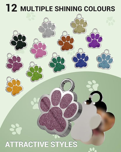 72 Pcs Dog Tags Personalized for Pets Glitter Paw Print Stainless Steel Dog Tag Cute Dog Name Tag Bulk Dog Tags Cat Tags for Wholesale ï¼12 Colorsï¼
