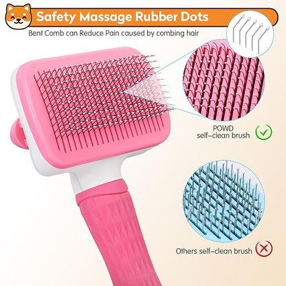 Dog & Cat Brush, Self Cleaning Slicker Brush for Pets, Upgraded Dog Brush for Shedding Massaging and Grooming, Removes Loose Undercoat & Portable Comb for Long Short Haired Dogs(Pink)