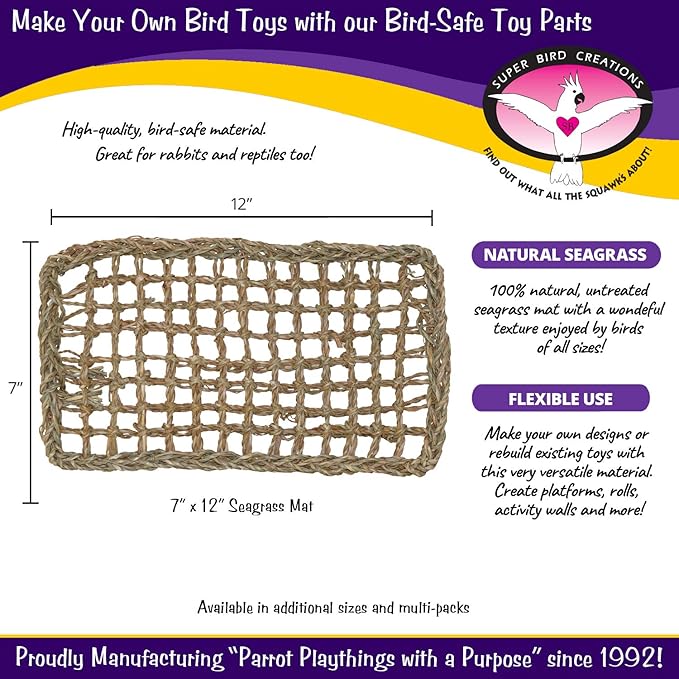 Super Bird Creations SB50007 Seagrass Mat for Cage Decor, Pet Enrichment and Boredom Relief - Versatile Toy-Making Base - Ideal for Parrots - Small to Large Birds & Reptiles - 7"x12" (1 Pack)