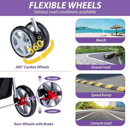 4 Wheels Pet Stroller for Small Medium Dogs Cats 33 lbs, Breathable Foldable Jogger Stroller with Storage Basket, Travel Puppy Stroller for All-Season, Move Pad & Protective Lock, Purple