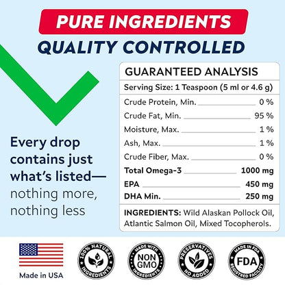 STRELLALAB Fish Oil for Dogs & Cats - Natural Omega-3 - Skin & Coat Support - Liquid Food Supplement for Pets - Natural EPA + DHA Fatty Acids for Joint Function, Immune & Heart Health 16oz - Pollock
