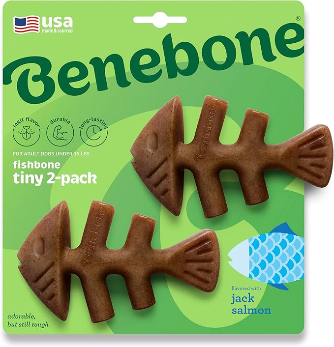 Benebone Tiny 2-Pack Fishbone Durable Dog Chew Toys, Real Fish Flavor, Made in USA