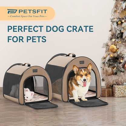PETSFIT Soft Dog Crate, Dog Travel Crate - 26.5 Inch Lightweight, Roomy, Easy to Set Up, Portable Pop Up Dog Carrier with Thick Mat, Sturdy Soft Sided Dog Crate, Khaki