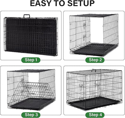 24/7 Shop at Home Gossamer Metal Double Door Folding Wire Pet Crate with Divider, Removable Tray, and Handle for Outdoor and Indoor Medium Dog, 42-inch, Black