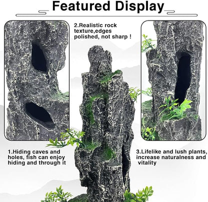 Aquarium Mountain View Stone Ornament Tree Rock Cave Aquarium Decorations Large and Tall Extra Large Aquarium Decorations for Fish Tank Decorations for Fish Tank - 14 Inches High