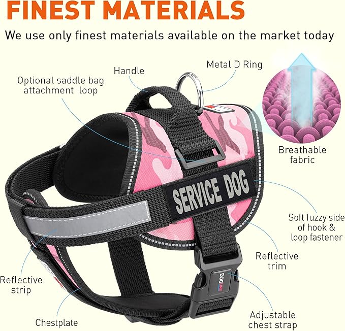 Dogline Unimax Service Dog Harness Vest with Removable Service Dog Patches Adjustable Straps Breathable Neoprene for Medical Identification Training Dogs Girth 28 to 38 in Pink Camo