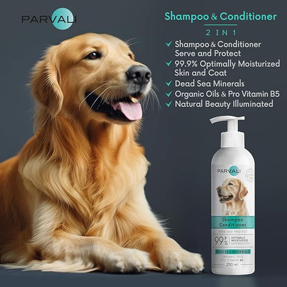 2 in 1 Natural Dead Sea Dog Shampoo & Conditioner (250 ml, 8.45 fl oz). Unique Odor-Neutralizing Blend. Minerals Rich, Anti-Oxidative, Antiseptic Formula for Gentle, Easy Application. Enjoy!