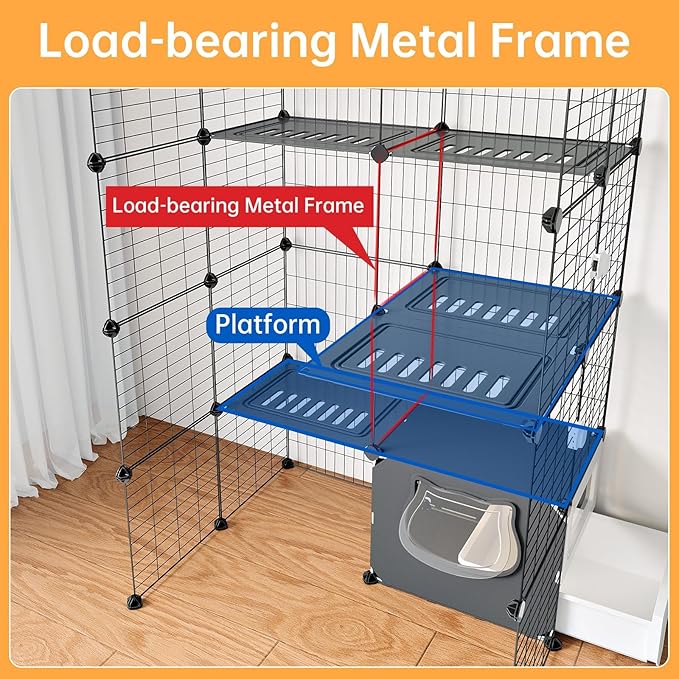 Oneluck Cat Cage with Litter Box, 4-Tier DIY Enclosures Detachable Metal Wire Kennel Indoor Crate Large Exercise Place Ideal for 1-2 Cats