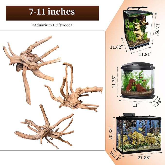 majoywoo Natural Driftwood for Aquarium Decor Fish Tank Decorations, Assorted Spider Wood Branch 7-11" 3 Pcs, Reptile Decor