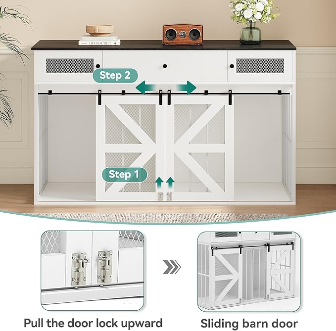 YITAHOME 60" Wooden Dog Crate Furniture with Removable Divider, Large Dog Kennel with Drawers, Double Doors & Locks Design, Dog Crate Furniture TV Stand for Medium Large Dogs