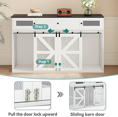 YITAHOME 60" Wooden Dog Crate Furniture with Removable Divider, Large Dog Kennel with Drawers, Double Doors & Locks Design, Dog Crate Furniture TV Stand for Medium Large Dogs