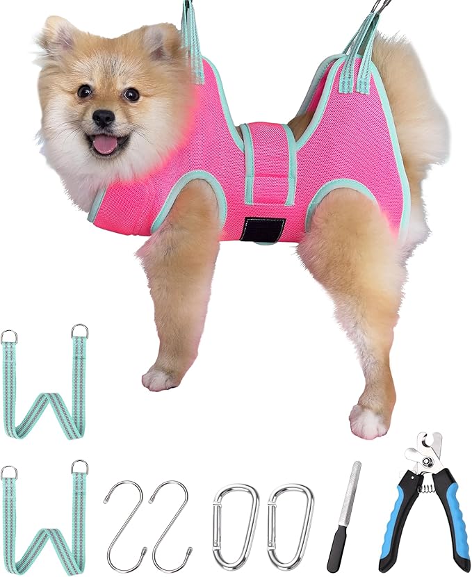 2024 New Grooming Hammock, Hanging Harness Holder for Dog Nail Clipping/Trimming, Sling With Thick Fabric Neck Support & Strap Restraint Claw Care (X-Small 8-14 LB/Pink)