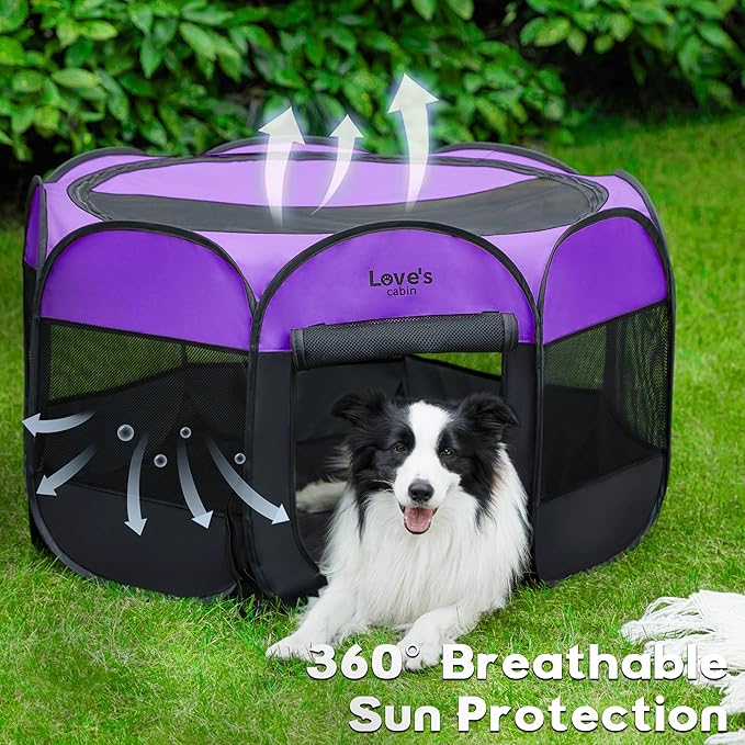 Love's cabin Pet Puppy Dog Playpen, Large Dog Tent Crates Cage Indoor/Outdoor, Portable Playpen for Dog and Cat, Foldable Pop Up Dog Kennel Playpen with Carring Case, Removable Zipper Top, Purple