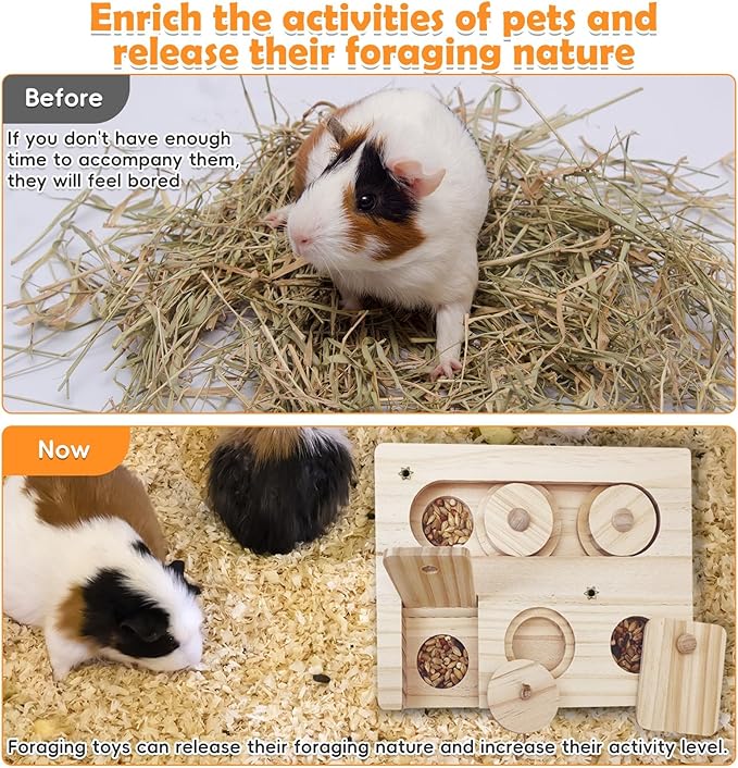 PINVNBY Guinea Pig Foraging Toys with Shelf Hamsters Interactive Enrichment Toys Bunny Wooden Puzzle Snuffle Toy Small Animals Treats Dispenser for Rabbit Chinchillas Rats and Gerbils