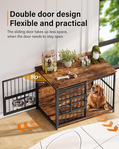 XL Dog Crate Furniture for Large Dogs, Barn Door Dog Crate with Interactive Window for Anxiety Dogs, 360°Rotatable & Elevated Dogs Bowls, Wooden Dog Kennel Furniture, Dog Cage Furniture Indoor