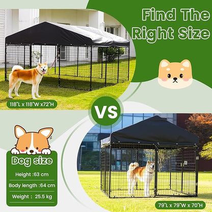 10x10x6 FT Outdoor Dog Kennel Steel Ideal Dog Fence for Medium/Small Dogs Anti-Rust Coating Cage with Roof All Weather Resistant Dog House with Double Locks (118" W x 118" D x 72.5" H)