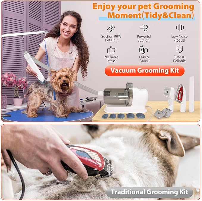 Dog Hair Vacuum & Grooming Kit, 2L Large Capacity for Shedding Grooming Hair, Grooming Kit Including 12 Tools for Dog Dogs Cats and Other Animals