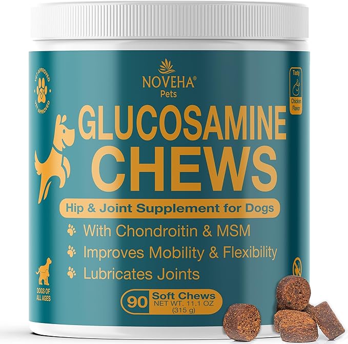 NOVEHA Dog Glucosamine Chews | Hip and Joint MSM Formula for Dogs Joint Care | Senior Pet Joint Health Supplement | Premium Glucosamine and Chondroitin for All Breeds | 90 Soft Chews; Chicken Flavor
