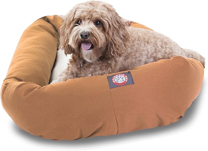 Majestic Pet 32 Inch Poly-Cotton Sherpa Calming Dog Bed Washable 32x18x8 (inch)  Cozy Soft Round Donut Dog Bed with Spine for Head Support - Pet Bed Medium - Khaki