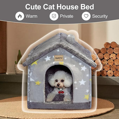 JIUPETY Cute Cat Beds for Indoor Cats, Foldable Cat House with Non-Slip Bottom, S Size Kitten Bed Up to 8 Lbs Kitty, Grey