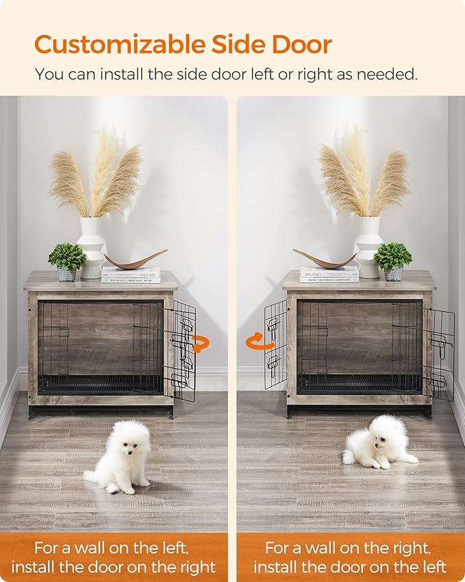 Feandrea Dog Crate Furniture, 27.2" Side End Table, Modern Kennel for Dogs Indoor up to 30 lb, Heavy-Duty Dog Cage with Multi-Purpose Removable Tray, Double-Door Dog House, Greige UPFC001G01