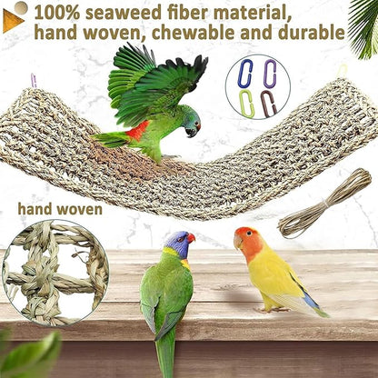 Bird Seagrass Mat 16 × 7" Parrot Natural Grass Woven Net Hammock Parakeet Climbing Rope Ladder Mat Chew Toys Cage Accessories for Pigeon Cockatiel Conure Budgie Cockatoo Rat Hamster