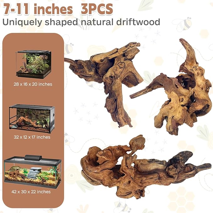 PINVNBY Natural Driftwood for Aquarium Decor Fish Tank Decorations Reptile Decor Driftwood Decor, 3 Pieces 7"-11" Assorted Driftwood Branch