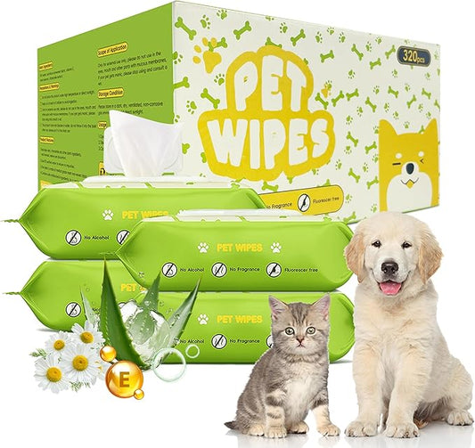 Unscented Hypoallergenic Pet Wipes - Deodorizing Cleaning Wipes for Dogs & Cats, Alcohol-Free & pH Balanced, Thick & Large Wipes for Paws, Body, Bum & Face, (320 Count, More favorable)