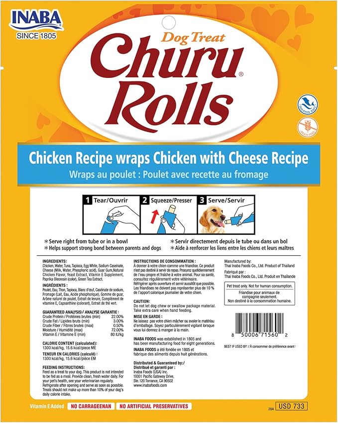 INABA Churu Rolls for Dogs, Grain-Free, Soft/Chewy Baked Chicken Wrapped Churu Filled Dog Treats, 0.42 Ounces Each Stick| 48 Stick Treats Total (8 Sticks per Pack), Chicken with Cheese Recipe