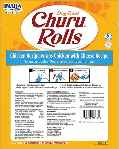 INABA Churu Rolls for Dogs, Grain-Free, Soft/Chewy Baked Chicken Wrapped Churu Filled Dog Treats, 0.42 Ounces Each Stick| 48 Stick Treats Total (8 Sticks per Pack), Chicken with Cheese Recipe