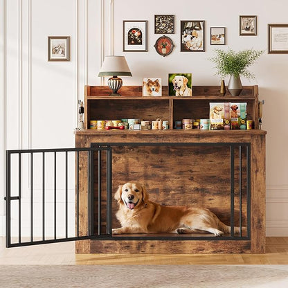 IRONCK Dog Crate Furniture, 43.3 inches Wooden Large Dog Crate with Storage and 4 Hooks, Heavy Duty Pet Crate for Large Dog, Decorative Pet Cage for Indoor (30" L x 43.3" W x 41.1" H)