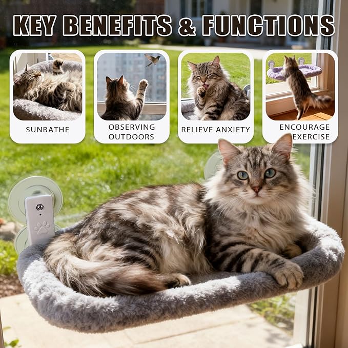 Cat Window Perch with Strong Suction Cups, 55lbs Hold Weight Tested, Foldable Cat Window Hammock Bed with Breathable Mesh, All-Season Lounger for Medium Small Cats to Bird Watch & Sunbathe (Grey, L)