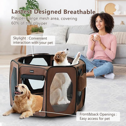 Dog Playpen, Cat Dog Crate Portable Pet Exercise Cage Kennel House Puppy Playpen Animal Playpen Indoor/Outdoor, Water-Resistant Kennel Tent with Traveling Bag (Brown, Medium)