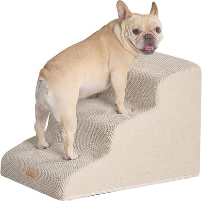 EHEYCIGA Curved Dog Stairs Ramp for Small Dogs 15.7" H, 3-Step Dog Steps for Couch Sofa and Chair, Pet Stairs for Cats, Non-Slip Balanced Pet Steps Indoor, Beige