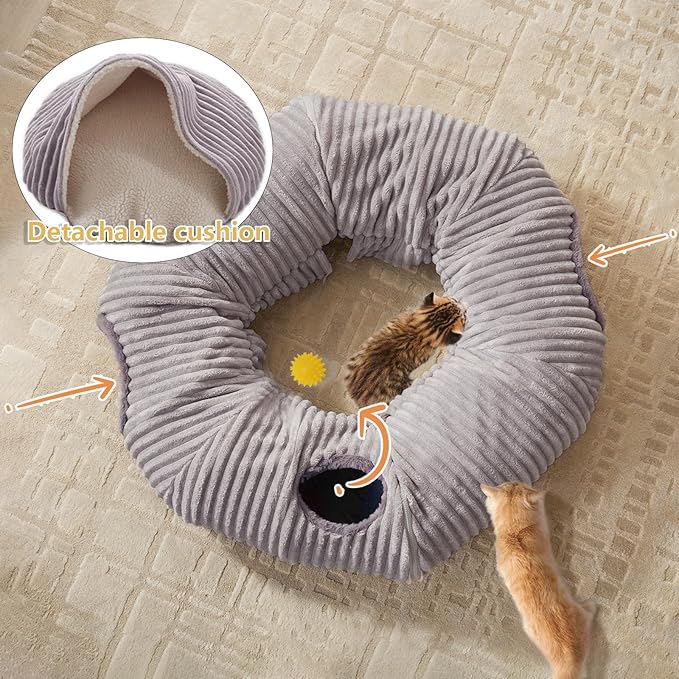 Cat Tunnel Bed for Indoor Cats - Cute Cat Donut Tunnel with Washable Circle Cushion and Blackout Tent Round Pet Play Toy for Kitten/Puppy/Rabbit, Grey