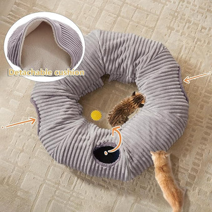 Cat Tunnel Bed for Indoor Cats - Cute Cat Donut Tunnel with Washable Circle Cushion and Blackout Tent Round Pet Play Toy for Kitten/Puppy/Rabbit, Grey