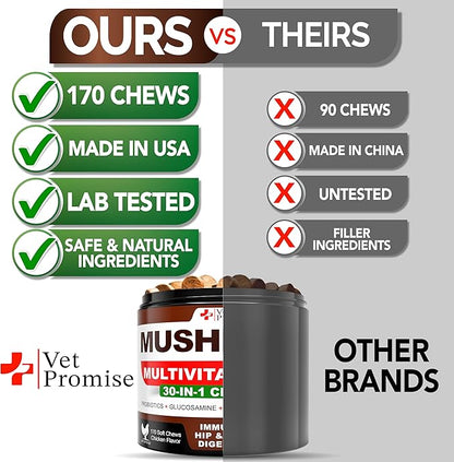 Mushroom for Dogs - 170 Chews - Turkey Tail - Mushroom Supplement for Dogs - Lions Mane - Reishi - Immunity Support Multivitamin Vitamins - Joint Health - Energy - Gut - Skin - Made in USA