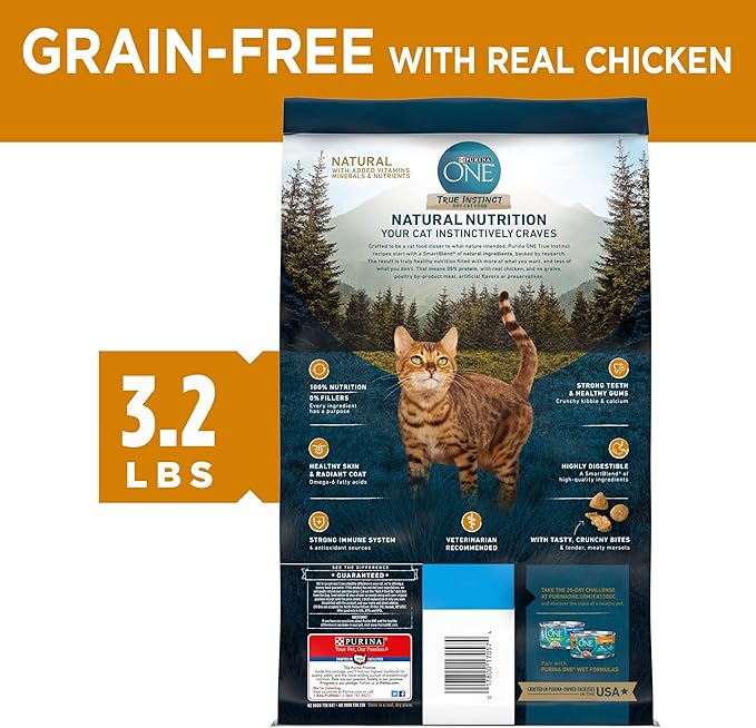 Purina ONE Natural, High Protein, Grain Free Dry Cat Food, True Instinct With Real Chicken - 3.2 lb. Bag