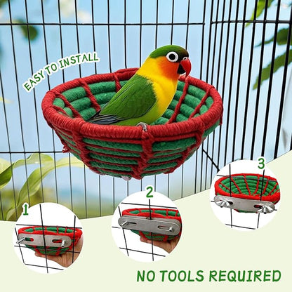 Bird Nest for Cage,Parrot Breeding Nest,Handwoven Cotton Rope Parakeet Bed,Canary Nesting House for Budgie,Finch,Cockatiel,Conure,Lovebird, Small Birds,Red&Green