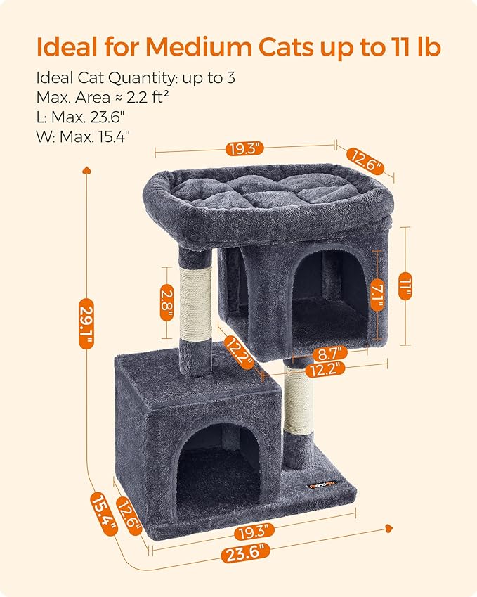 Feandrea Cat Tree, 29.1-Inch Cat Tower, M, Cat Condo for Medium Cats up to 11 lb, Large Cat Perch, 2 Cat Caves, Scratching Post, Smoky Gray UPCT612G01