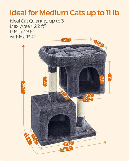 Feandrea Cat Tree, 29.1-Inch Cat Tower, M, Cat Condo for Medium Cats up to 11 lb, Large Cat Perch, 2 Cat Caves, Scratching Post, Smoky Gray UPCT612G01