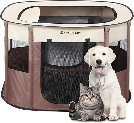 Foldable Pet Playpen,Cat Puppy Playpen,Portable Dog Cage Soft Portable Exercise Kennel Tent,Puppy Kitten Pen Indoors/Outdoors Pet Tent Fence (Medium (32"*24"*22"), Coffee)