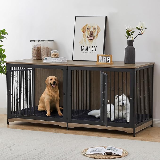 71'' Dog Crate Furniture for 2 Dogs, Wooden Double Dog Crate Large Breed with Door, XXL Indoor Dog Kennel TV Stand End Table with Divider for Large Medium Dogs, Grey