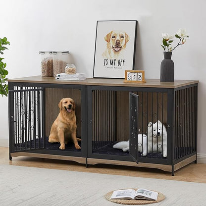 71'' Dog Crate Furniture for 2 Dogs, Wooden Double Dog Crate Large Breed with Door, XXL Indoor Dog Kennel TV Stand End Table with Divider for Large Medium Dogs, Grey