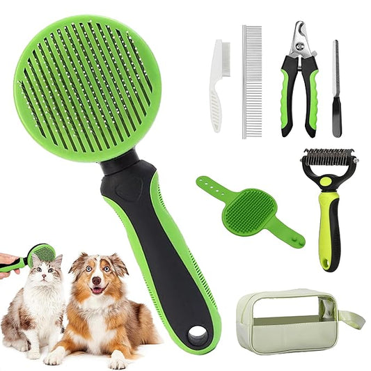 Pet Grooming Brush Kit 7pcs, Cat Brush with Release Button Brush Set -Cat Brush&Nail Clippers File Set for Cat Dogs Long matted Haired Pets and Nail Repair