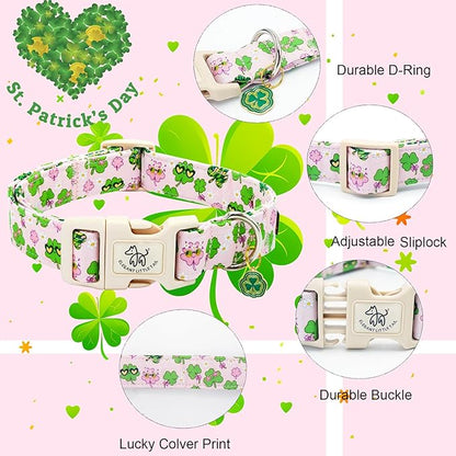 Elegant little tail St Patrick's Day Dog Collar-Cute Colver Cotton Shamrock Pet Collar Trefoil Pink Holiday Adjustable Cotton Pet Collar with Quick Release Buckle for Small Medium Large Dogs