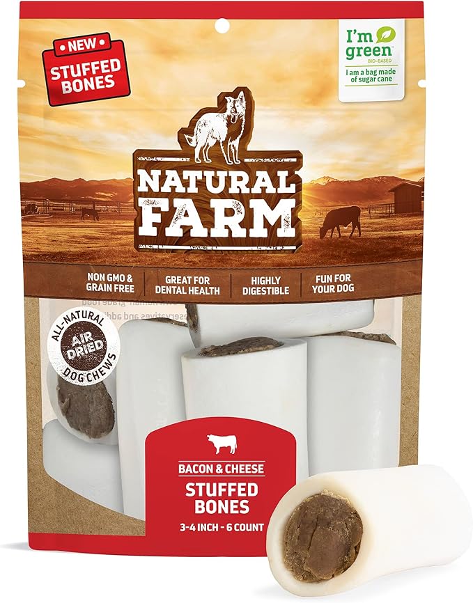 Natural Farm Bacon & Cheese Filled Bones (3-4 Inch, 6 Pack), Limited Ingredient, Natural Stuffed Dental Dog Bone Treats for Dogs, Made with Real Beef