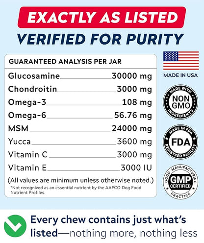 STRELLALAB Hip & Joint Glucosamine Supplement Treats for Dogs - Chondroitin, Omega-3, MSM - Advanced Joint Health Support Chews for Large Breed - Pain Relief - Bacon Flavor - 120 Ct - Made in USA