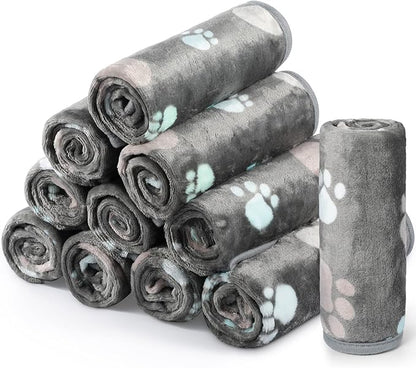 Tegeme 12 Pieces Pet Blanket Soft Fleece Dog Fluffy Doggie Warm Felt Throw Spring Cute Paw Print Puppy Kitten Sleep Mat Bed Covers for Cat(23 x 16 Inch,Dark Gray)